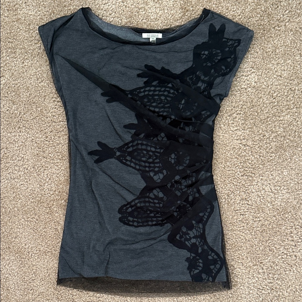 Express Dark Gray Tank with Black Lace Appliqué